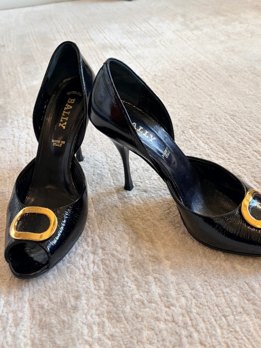 Bally glossy patent leather peeptoe heels